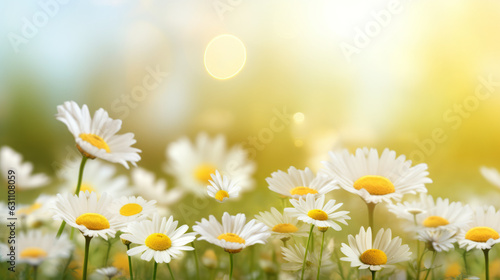 A beautiful field of white daisies illuminated by the sunlight