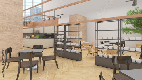 shop area Coffee shop and bakery inside the building. 3d rendering