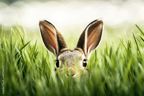 The Easter Bunny, who carries an Easter basket and eggs, hides at Easter behind blades of grass. Generative AI