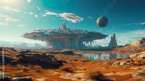 Fantastic landscape with huge UFO in a sand desert against strata mountains, rocks and unusual sky with clouds. Futuristic alien wallpaper.