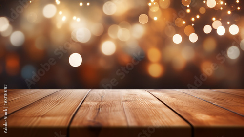 A wooden table with bokeh lights in the background
