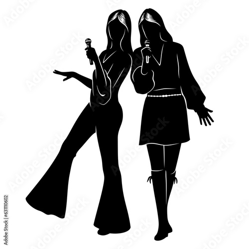 Disco Singers Silhouettes. Pretty women singing in duo. All figures are the separate objects. Vector cliparts isolated on white.