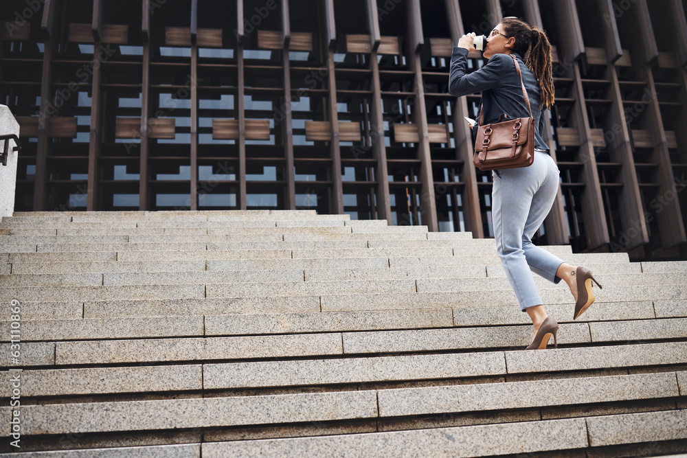 Business woman, stairs and coffee break in city with work commute, drinking and worker. Urban town, female lawyer back and steps to company with travel and professional in morning with employee Business woman, stairs and coffee break in city with work commute, drinking and worker. Urban town, female lawyer back and steps to company with travel and professional in morning with employee