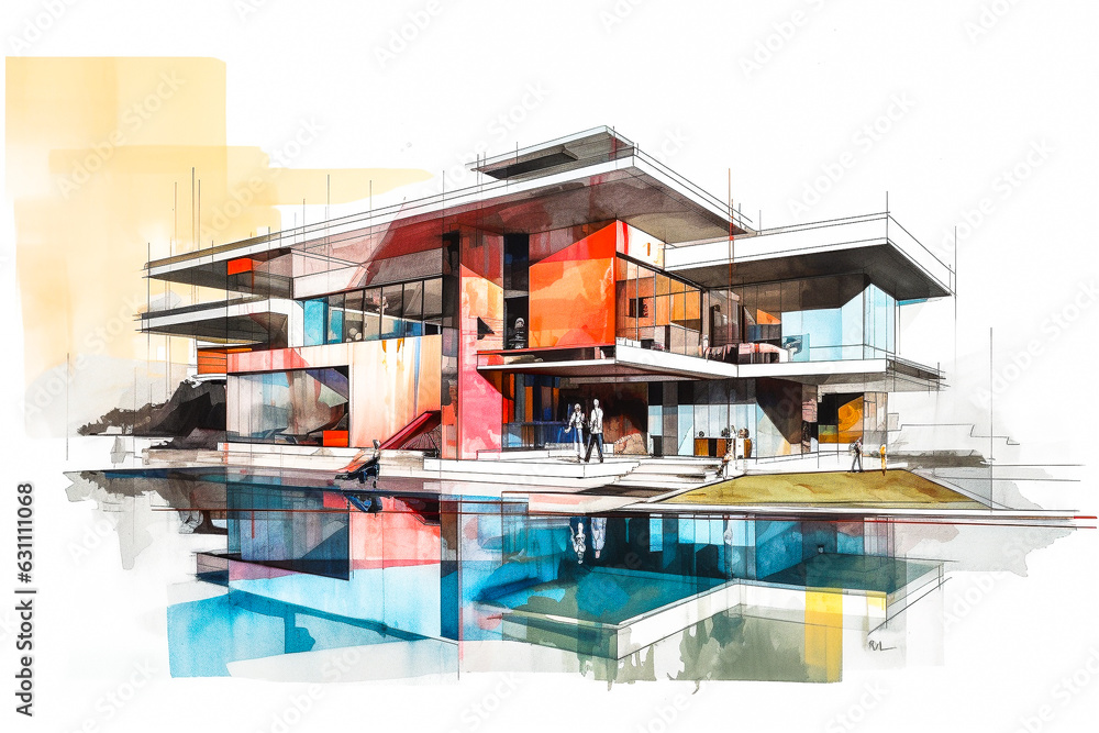 Projet d'architecte pour bâtiment contemporain écologique avec appartements et espaces communautaires - Illustration à l'aquarelle de construction design - Générative IA