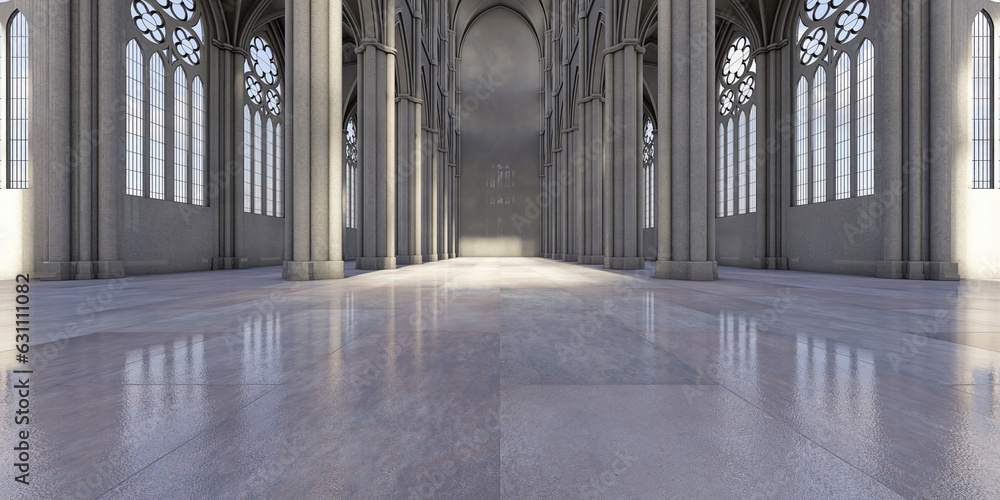 gothic cathedral empty without benches nobody 360° vr environmentr 3d render backplate - obrazy, fototapety, plakaty 
