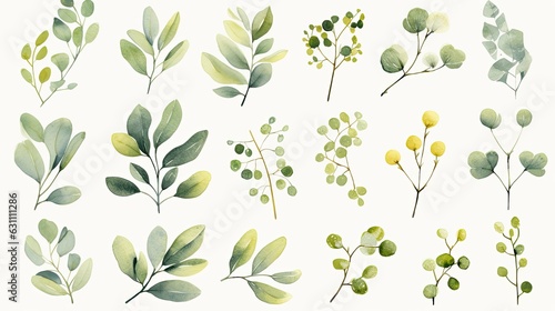 floral set of eucalyptus, olive green and gold branches
