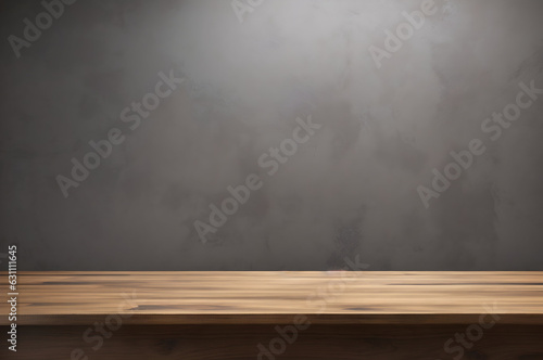 Background display, empty wooden table, and gray wall for product montage