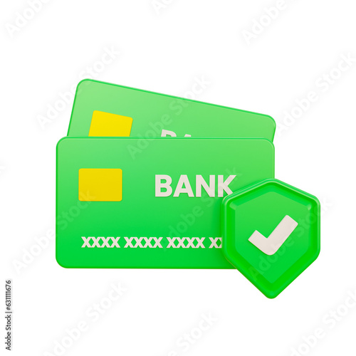 3D Render of a Credit Card with Shield. Credit Card Transaction Security Concept Illustration.