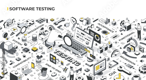 Software testing isometric illustration. The focus is on various types of testing such as compatibility, integration, end-to-end, gui, acceptance, functional, regression. Large detailed illustration