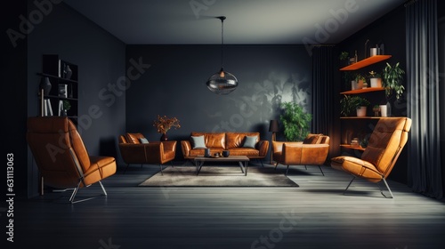 large living room with modern interior design with leather sofas and chairs for home against the background of a dark classic wall, Generative AI