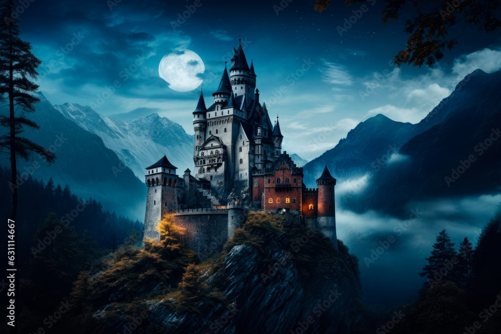 Mysterious medieval castle in a full moon night