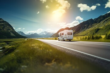 a white RV traveling on a sunlit road during a beautiful summer day