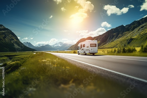 a white RV traveling on a sunlit road during a beautiful summer day