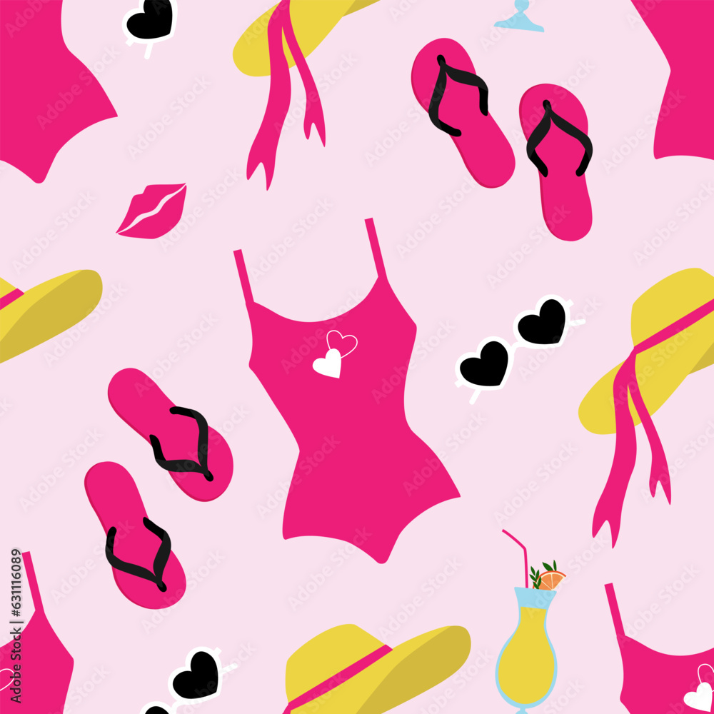 Vector seamless pattern with woman beach accessories in cartoon style. Vector retro bikini background
Vector seamless pattern with woman beach accessories in cartoon style. Vector retro bikini background