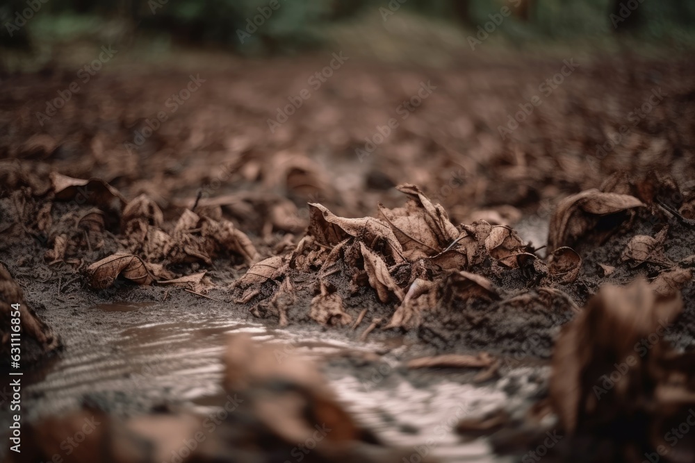Selective closeup of muddied up leaves on pools of water. Generative AI