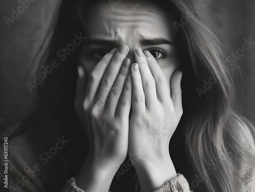 A young girl having a panic attacks and feeling sad, sitting alone on the floor and crying. A depressed sad young woman covered her face with her hands. 