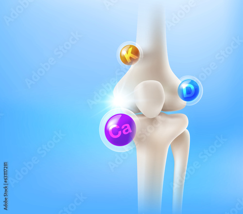 Important vitamins for knee joints and leg bones Helps treat arthritis, knee joints, leg pain, helps to make the skeleton strong. Food supplement ads, medical concept. 3d realistic vector file.
