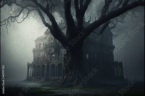  Abandoned mansion, eerie, scary, gloomy in the fog 
