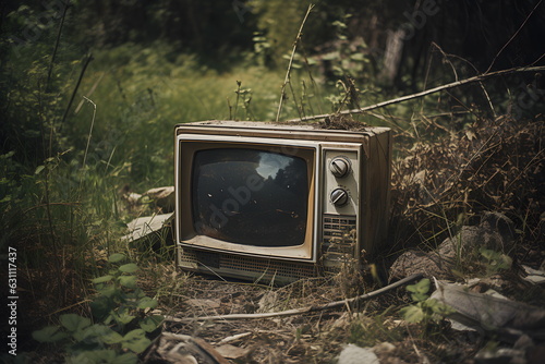 Abandoned old tv is on pathway with grass in forest. Generative AI.