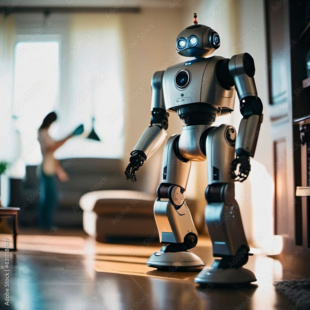 Photo of a humanoid home robot in a living room. Household robot in a smart home. Artificial intelligence manages the household. Centrally controlled devices at home. Wireless network. Generative AI