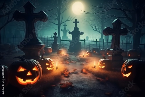 Halloween pumpkins in graveyard on the spooky night halloween background concept generative ai