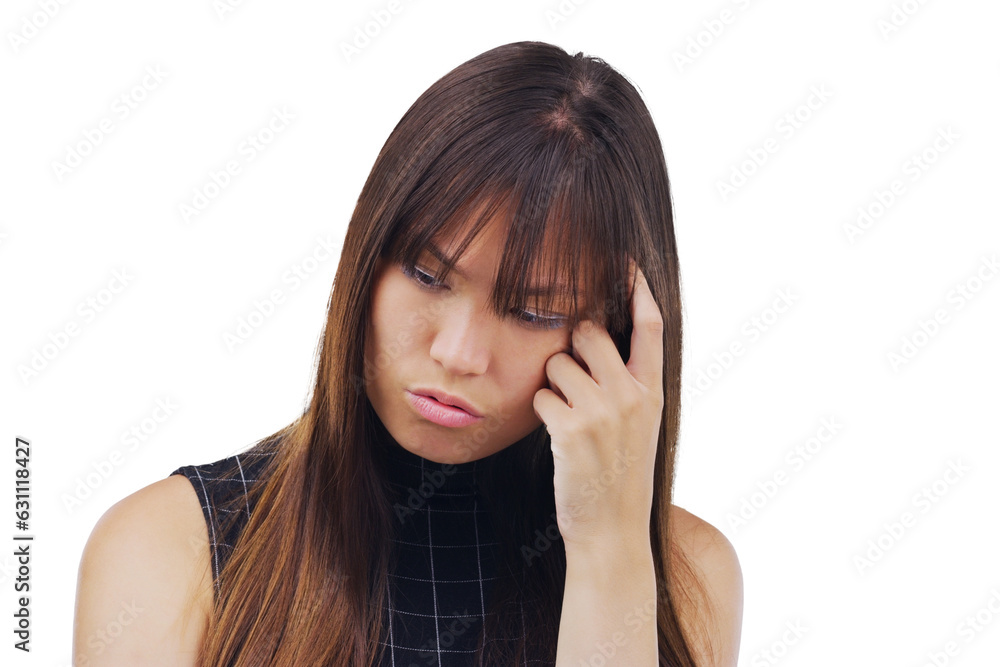 Woman, student and thinking, confused or doubt for university exam, learning fail or college decision. Young sad person, education questions or problem solving isolated on transparent, png background Woman, student and thinking, confused or doubt for university exam, learning fail or college decision. Young sad person, education questions or problem solving isolated on transparent, png background