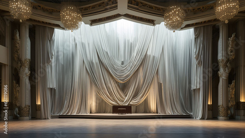 Illuminated Serenity: The Majestic 3D Marble Stage in Elegant Modern White, Enhanced by Spotlights, White Curtains, and Graceful chandelier  with roman style pillers in the Background