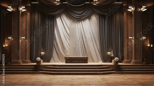 Ethereal Shadows: The Enigmatic 3D Wooden Stage in Elegant Modern Black, Illuminated by Spotlights and Enveloped in white Curtains and black chantle and glowing lights