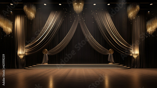Shadowed Splendor: The Majestic 3D Wooden Stage in Elegant Modern Black, Enhanced by Spotlights and Framed by Grand Roman-style Pillars with jhoomar