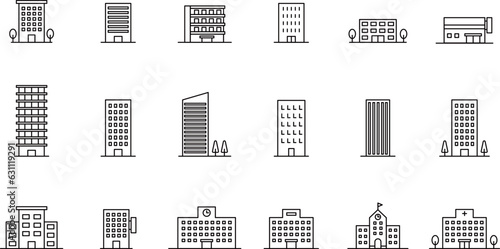 建物の線画アイコンセット