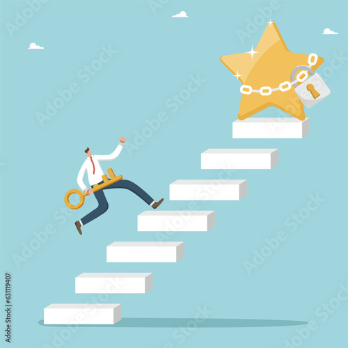 Find secret key for great success in business or study, striving and motivation for high results, use new opportunities to achieve goals, career growth, man with key runs up stairs to star with lock.
