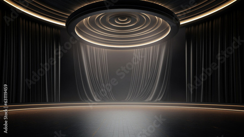 Enigmatic Illumination: The Grand 3D Marble Stage in Elegant Modern Black curtain, Bathed in the Radiance of Spotlights and Embellished with Background and Glowing Lights