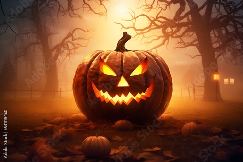Halloween, a jack o lantern sitting in front of the view of a full moon generative ai