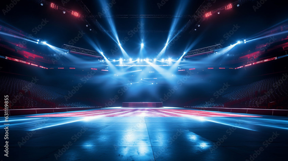 Dazzling Spectacle: Elegant 3D Rendered Empty Stage with Colorful Lights, Beautiful Design, Spotlight, Stairs, and Round Podium