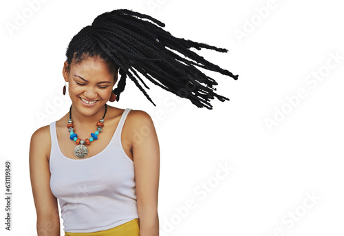 Canvas-taulu Shake hair, fashion and woman with a smile, excited and model isolated against a transparent background