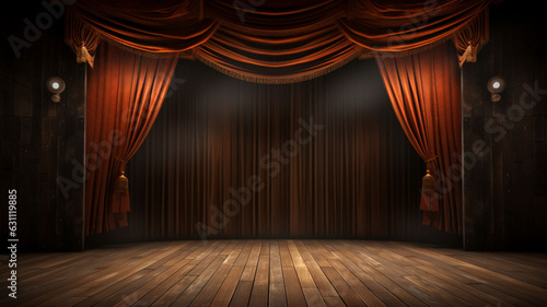 Radiant Sophistication: An Empty 3D Wooden Stage in an Elegant Modern Style, Enhanced by Spotlights, Framed by Peach Curtains in the Background, and Bathed in Glowing Lights