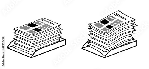 Writing paper and letter tray. Trays for papers. Cartoon empty copy paper, stacked papers. Flat paper stack. Document, paperwork. Pile papers, file. Printouts, hardcopy documents. 