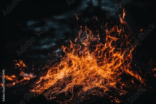 Sparks in a fire burn on a dark backdrop. Generative AI