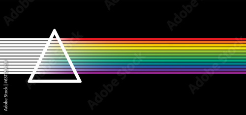 Prism icon. Refraction of light. light passing through a triangle. Cartoon physics symbol. Spectrum refraction. Glass pyramid. Refraction inside transparent geometrical form. Rainbow line, prisms ray