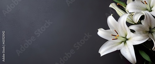 White flowers, lilium, lilie on dark grey, black background, grief, loss, coping of mourning. Condolences card. Generative AI 