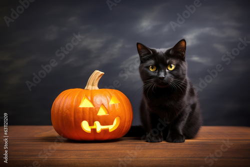 Black cat with halloween pumpkin on dark background. Halloween concept © Tida