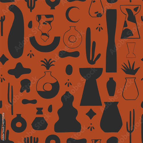 Hand drawn abstract vector graphic clipart illustration boho cactus desert concept seamless pattern composition.Wild Western design concept.Bohemian wild west contemporary art.Cowboy modern drawing.