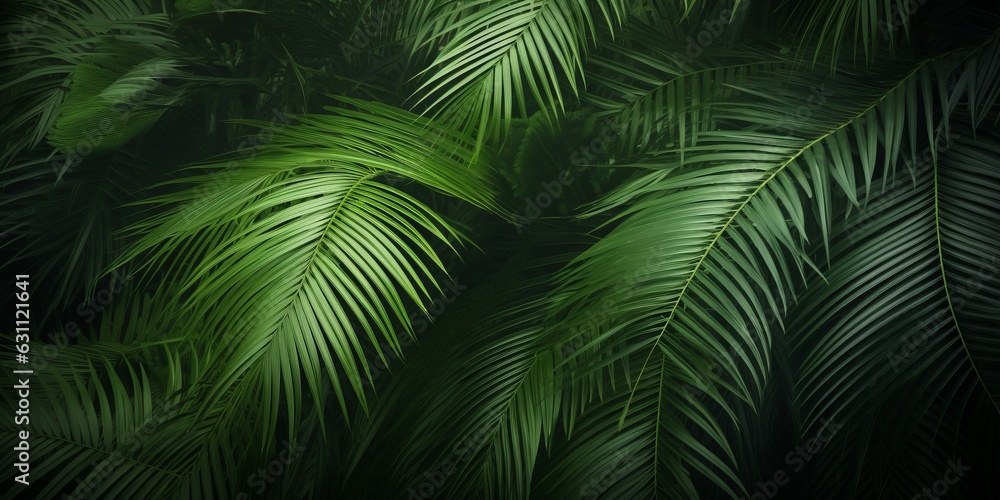 closeup of beautiful palm leaves in a wild tropical palm garden, dark green palm leaf texture concept full framed