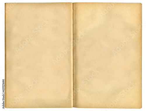 Turn of yellowed pages, old vintage open book isolated on white background