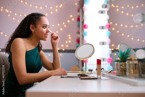 Photos Teenage Girl At Home In Bedroom Getting Ready For Prom Or Night Out Putting On M