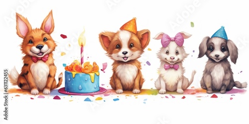 Cute Dog, Cat, Rabbit, Birthday Celebration white background