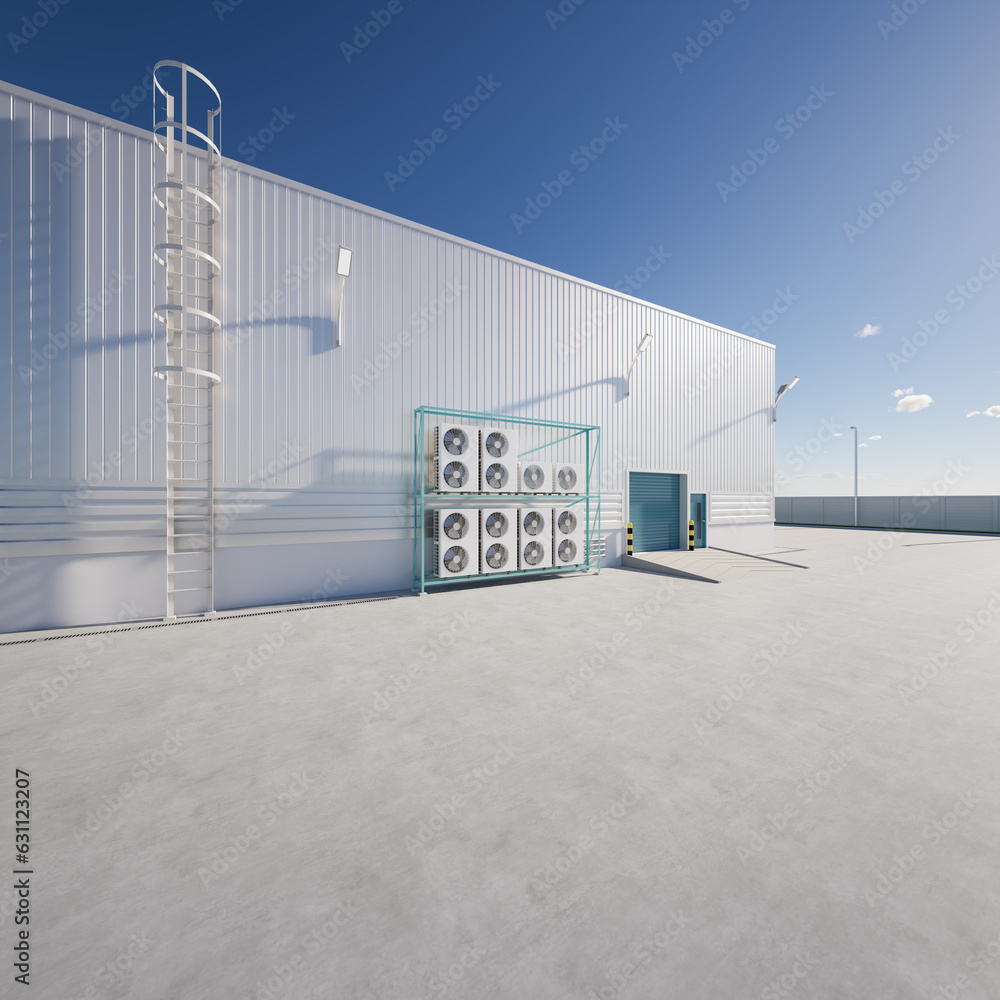 3d rendering of condenser unit or compressor outside factory plant. Unit of ac air conditioner