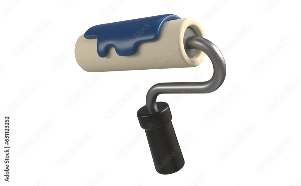 A paint roller with blue paint on a transparent background. A tool for painting and repair. A construction tool. 3D icons in cartoon style for your design.
