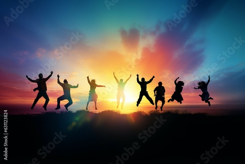 group of people silhouette jumping on sunset on mountain field