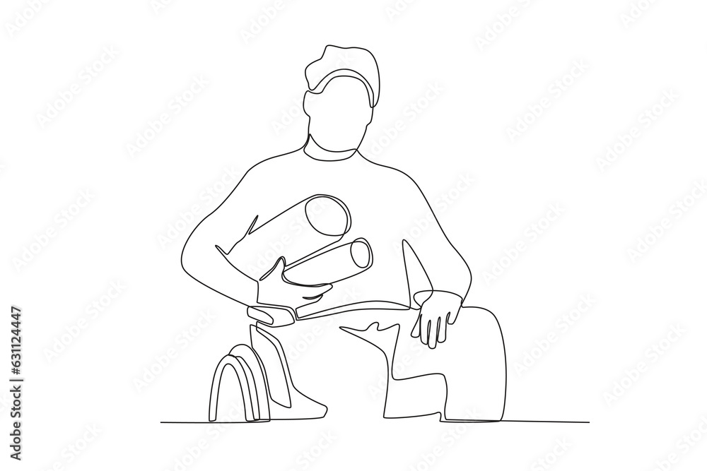Single continuous line drawing of a man in wheelchair is preparing paper for his presentation

